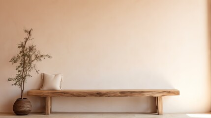 Rustic wood bench and beige stucco wall in modern Japandi-style entrance hall with copy space