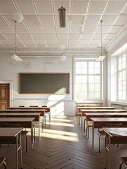 Naklejka premium High-quality photography studio setup with desks in interior classroom setting.