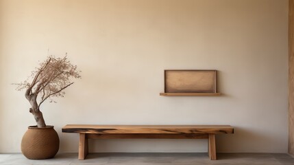 Rustic wood bench and beige stucco wall in modern Japandi-style entrance hall with copy space