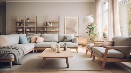 Fototapeta na wymiar Modern living room with Scandinavian style, cozy sofa, wooden furniture, and natural light