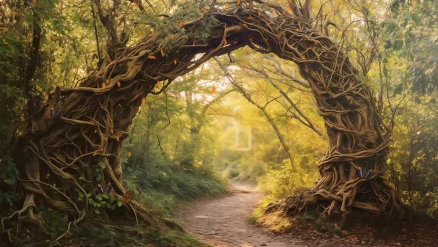 natural archway shaped by branches in the forest. seamless looping overlay 4k virtual video animation background 