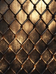 Sunlit metallic mesh with intricate grid pattern and detailed fence background.