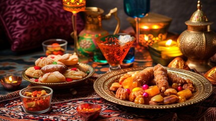 Naklejka premium Celebrate the holy month of Ramadan with traditional Iranian treats and prayers for God, featuring a festive greeting card and Halal options for Iftar or Suhoor during Eid Mubarak.