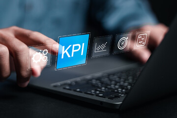 KPI Business analytics. Person use laptop with virtual icon of KPI for data analytics report. Key Performance Indicators on information dashboard for business strategy and business intelligence.