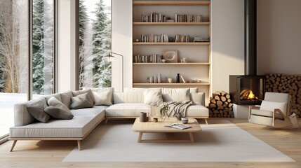 Modern living room with Scandinavian style, cozy sofa, wooden furniture, and natural light