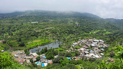 Fototapeta na wymiar View of Achalagarh Village and Mandakani Kund, Mount Abu, Rajasthan, India.