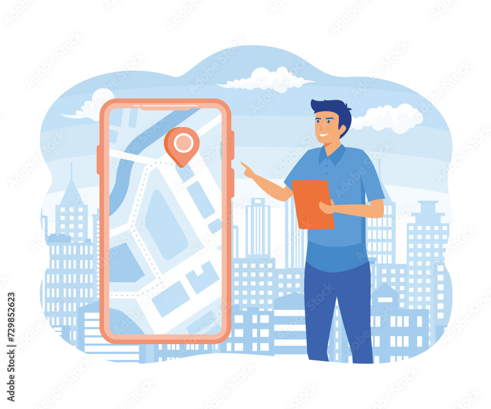 Poster man using maps app on cell phone. male trying to navigate terrain, building route. search by geoloca