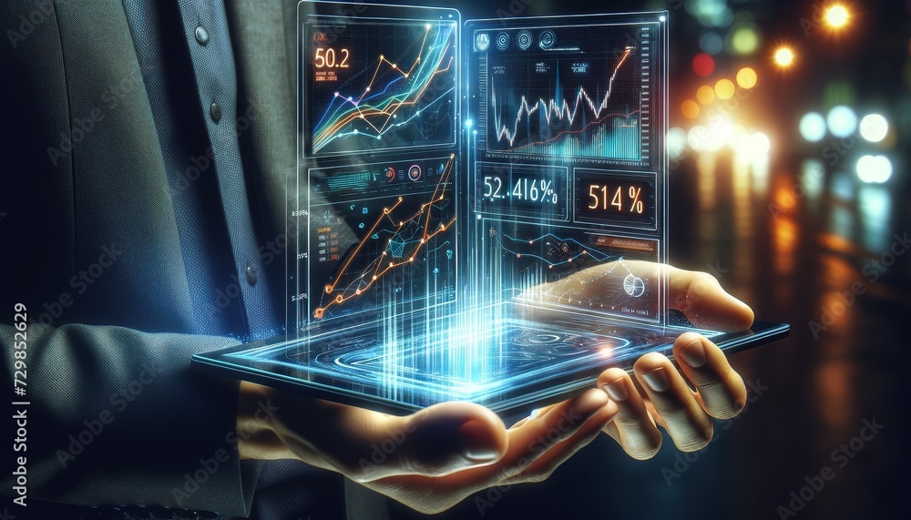 Poster a person holding a transparent futuristic tablet displays graphs and financial data with an upward t