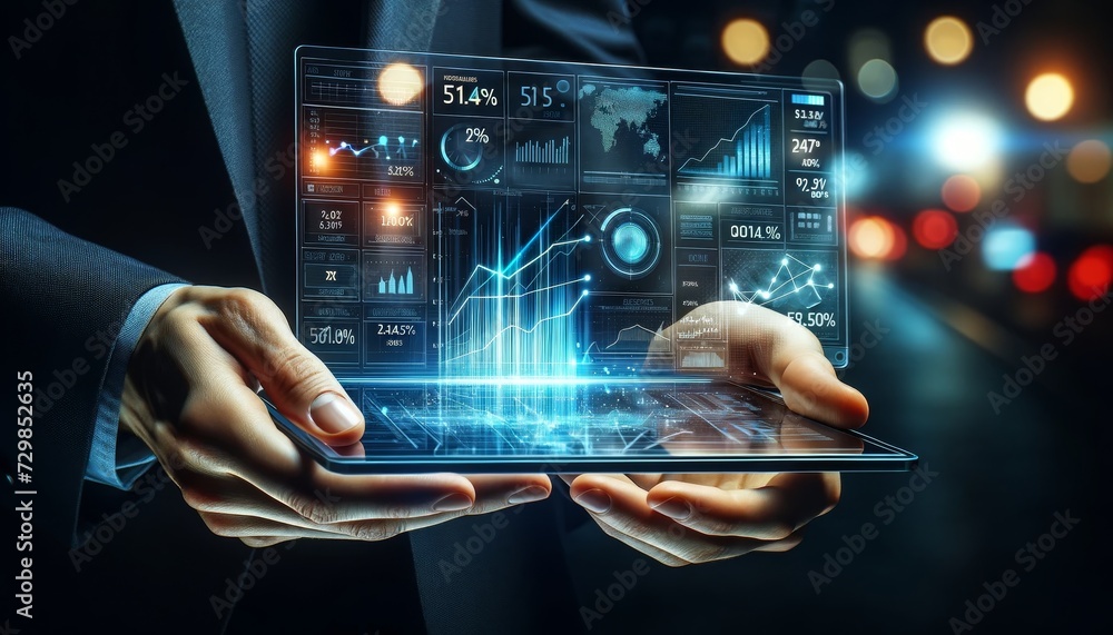 Poster a person holding a transparent futuristic tablet displays graphs and financial data with an upward trend arrow showing growth