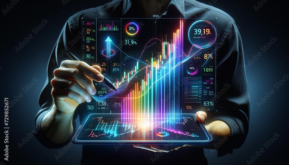 Poster a person holding a transparent futuristic tablet displays graphs and financial data with an upward t
