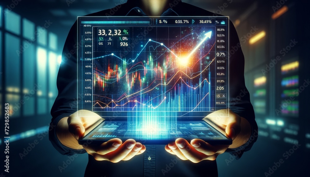 Poster a person holding a transparent futuristic tablet displays graphs and financial data with an upward trend arrow showing growth