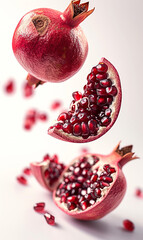 slice of pomegranates float in the air in white background.