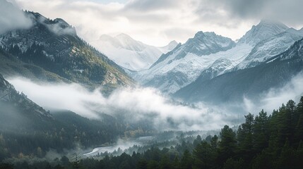 A majestic mountain range piercing through the clouds, snow-capped peaks glistening in the sunlight, a winding river snaking through the valley below, pine forests carpeting the slopes