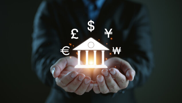 Businessman show central banking and international currency include dollar Yuan Yen Pound sterling and Euro for forex and currency exchange money transfer concept. Business finance and technology. - Powered by Adobe