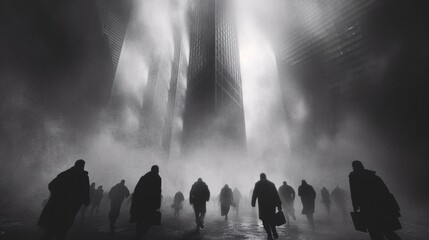 Foggy Cityscape A Blurry, Foggy Scene of People Walking in the Rain Generative AI - obrazy, fototapety, plakaty