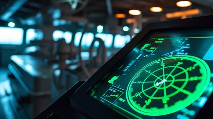 Modern ship's captain using radar on green display in bridge.