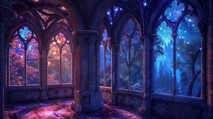 A magical window scene in a fairy-tale castle tower, stained glass windows casting kaleidoscopic patterns of light and color onto the stone walls, a glimpse of a mystical forest bathed in moonlight ou - obrazy, fototapety, plakaty