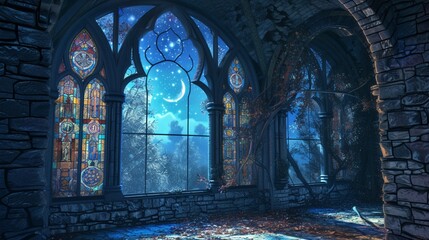 A magical window scene in a fairy-tale castle tower, stained glass windows casting kaleidoscopic patterns of light and color onto the stone walls, a glimpse of a mystical forest bathed in moonlight ou