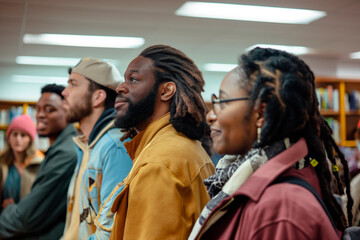 group of men and women in line at the library