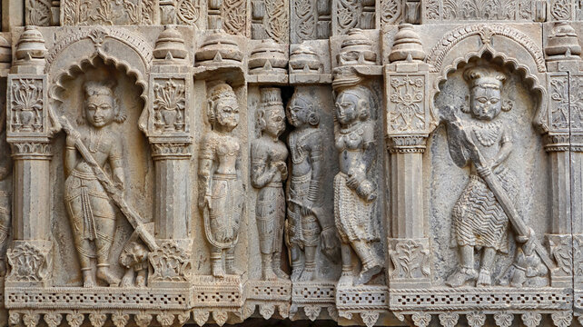 Carvings of Doorkeeper on the Thakur ji ka Mandir, Todaraisingh, Rajasthan, India.