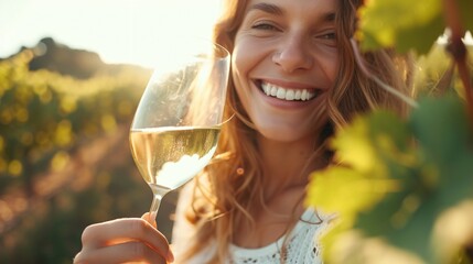 Happy lady with pearly smile savoring a glass of white vino on a wine trip during the vineyard-filled summers of Italy and France, raising her glass for text placement.