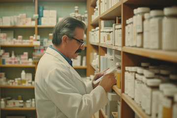 Obraz premium pharmacist in white coat looking at tablet while observing shelves