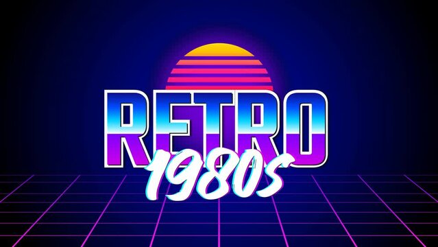 3d Animated footage retro 1980s neon black blue background