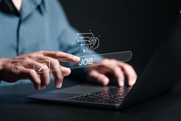 HR, Hiring Human Resources concept. Person use laptop with AI search technology to searching for online job search on modern websites to let workers search for job opportunities, recruiting.