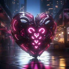 Neon heart in a cybernetic landscape