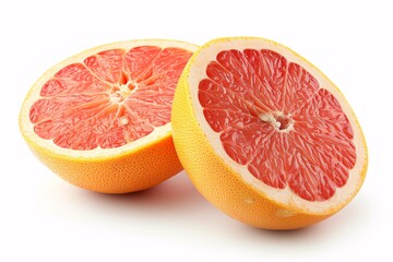 Pair of ripe halves of rosy grapefruit fruit separated on blank background.