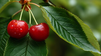 Obraz premium Two crimson cherries on emerald foliage.