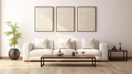 Modern and cozy living room with white sofa, square coffee table, rustic cabinets, and blank poster frames in Japanese style home interior design