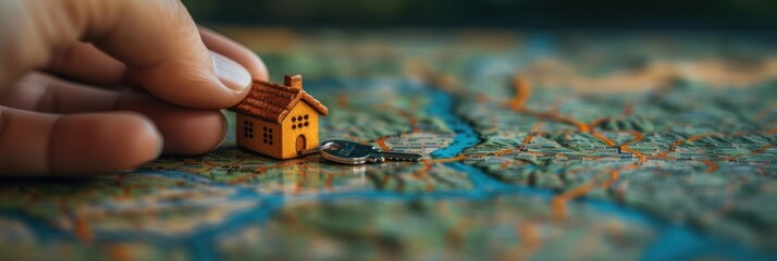 Miniature House on a Map with Key - obrazy, fototapety, plakaty