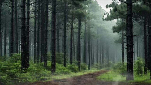 pine forest during rainstorm lush trees. morning in the woods. seamless looping overlay 4k virtual video animation background 