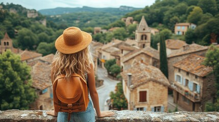 Fototapeta premium Female traveler admiring scenic village in France.