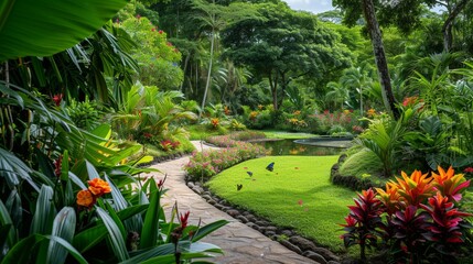 A lush botanical garden bursting with vibrant colors and exotic flora, winding paths leading through manicured lawns and flower beds, a tranquil pond reflecting the surrounding greenery