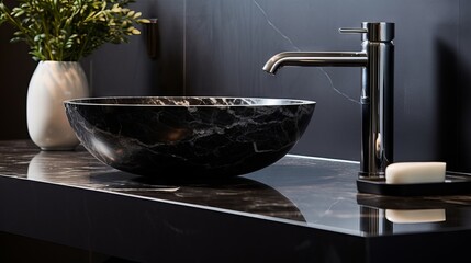 Black marble sink and chrome faucet in a modern bathroom with minimalist style