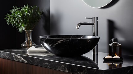 Black marble sink and chrome faucet in a modern bathroom with minimalist style