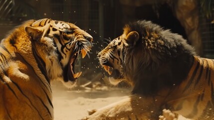 Lion and tiger fight scene - obrazy, fototapety, plakaty