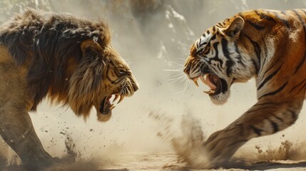 Lion and tiger fight scene - obrazy, fototapety, plakaty