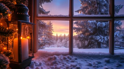 A cozy window scene overlooking a snow-covered landscape, frosted panes framing a picturesque view of pine trees laden with glistening snow, a warm glow emanating from within
