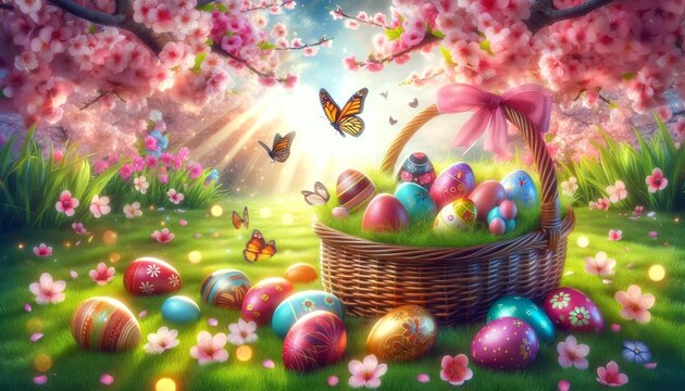 a lively Easter atmosphere against the backdrop of a neatly trimmed lawn decorated with various colorful painted Easter eggs