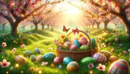 a lively Easter atmosphere against the backdrop of a neatly trimmed lawn decorated with various colorful painted Easter eggs