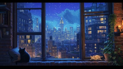 A charming window scene in a bustling city apartment, skyscrapers towering in the distance, city...