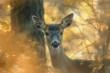 Fototapeten deer in the woods, looking straight into camera © Raylex