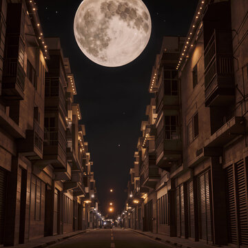 A large full moon dominates the night sky above a city street with apartment buildings on either side. The street is empty and dark, but the moon casts a glow over the scene.