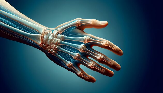 The human hand is semi-transparent, showing the bones and muscles beneath the skin, similar to an anatomical examination