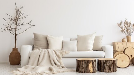 Minimalist living room with tree stump coffee table and white sofa