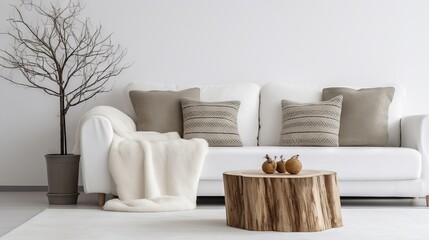 Fototapeta na wymiar Minimalist living room with tree stump coffee table and white sofa