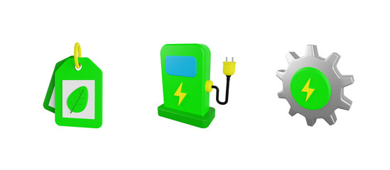 Eco Price Tag, Energy Station, Power Setting, 3d render icon illustration, ecology 3d set, transparent background